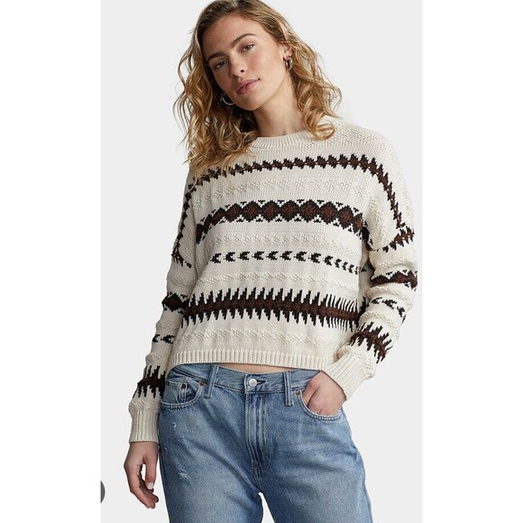 NWT $298 Polo Ralph Lauren Multi Preppy Ivory Textured Aztec Crop Boxy Sweater M - Picture 1 of 10